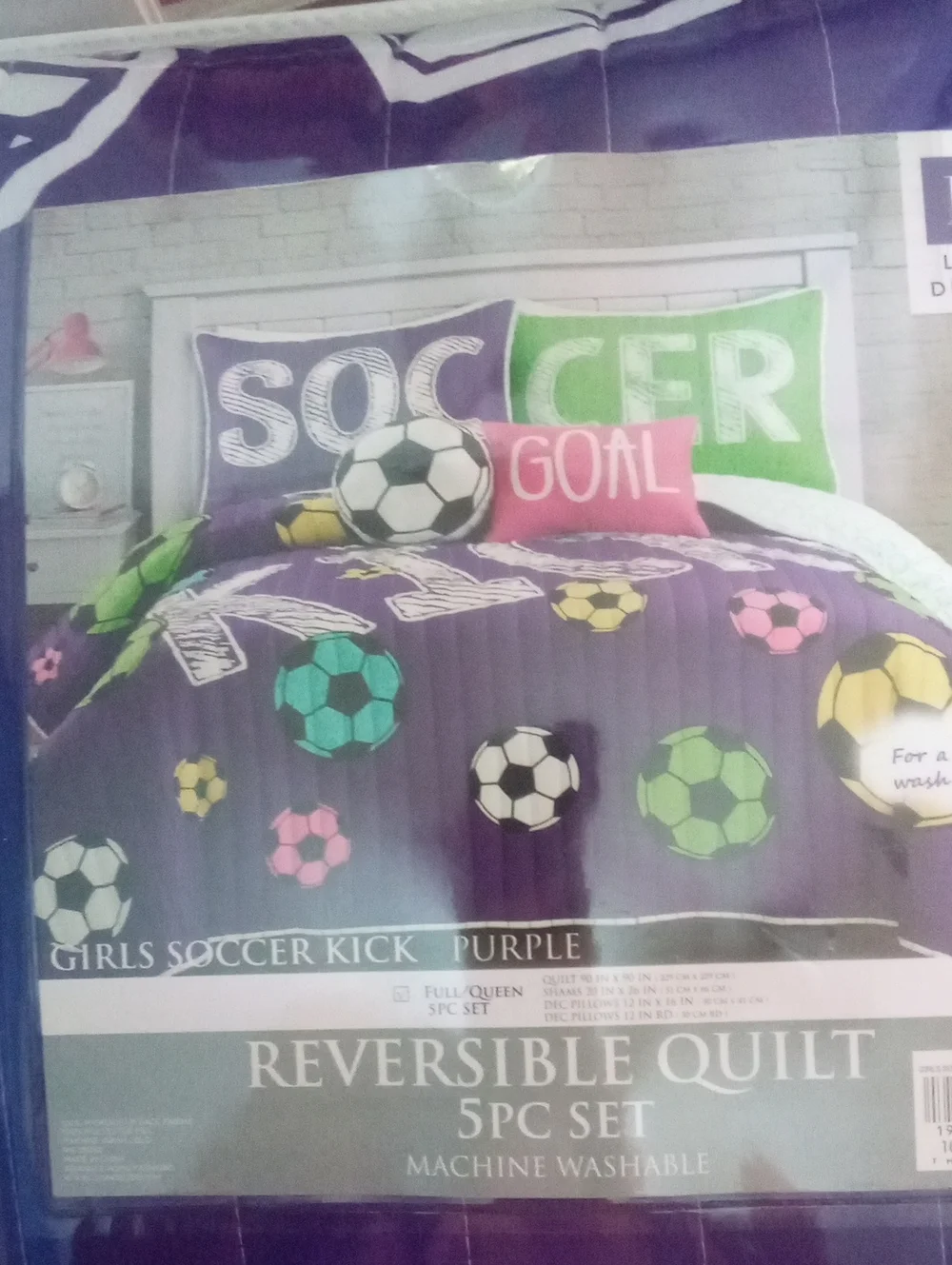 Reversible Purple Soccer Quilt - Girls' 5-Piece Set Full Queen By Lush Decor NWT